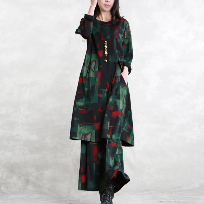 v-neck dressvintage floral cotton blended two pieces caftans Loose fitting o neck pockets gown 2018 long sleeve side open tops elastic waist trouse