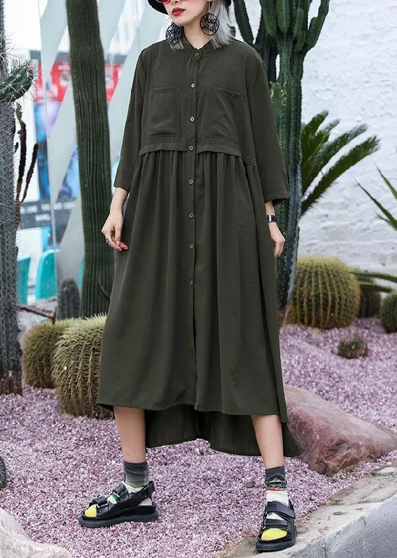 form-fitting dressNatural army green chiffon dresses side open Traveling fall shirt Dress