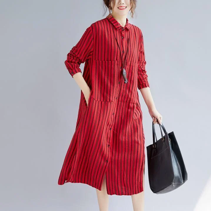 trendy bodycon dressfine red long cotton linen shirt dress plus size Turn-down Collar side open fine long sleeve pockets cotton linen shirt caftans