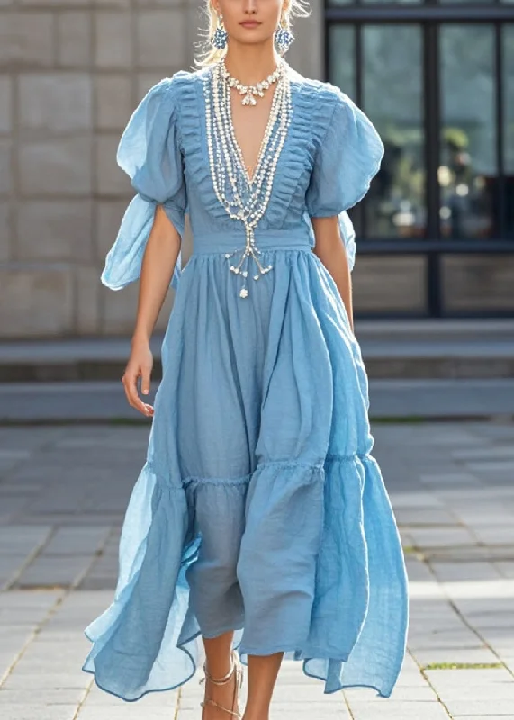 satin midi dressChic Sky Blue Puff Sleeve Nail Bead Cotton Long Dress