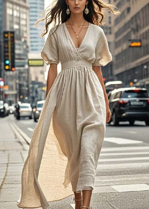 tiered dressFine Beige Cinched Cotton Long Dress Summer