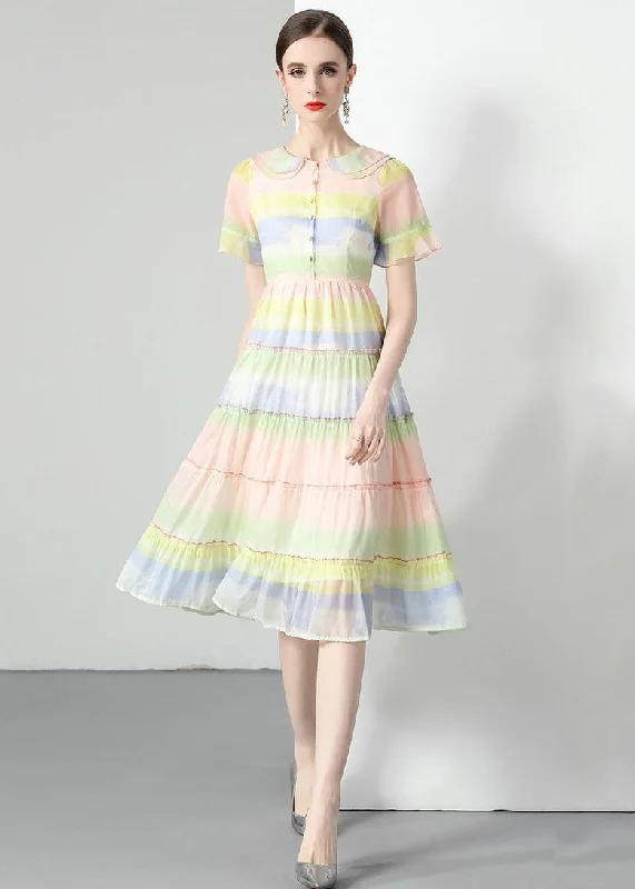 boho-chic dressWomen Rainbow Ruffled Button Patchwork Chiffon Dresses Summer