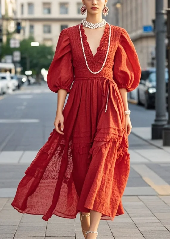 boho dressFrench Red V Neck Exra Large Hem Cotton Ankle Dress Half Sleeve