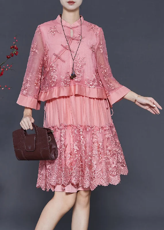 boho-chic dressWomen Pink Embroidered Patchwork Tulle Oriental Dress Spring