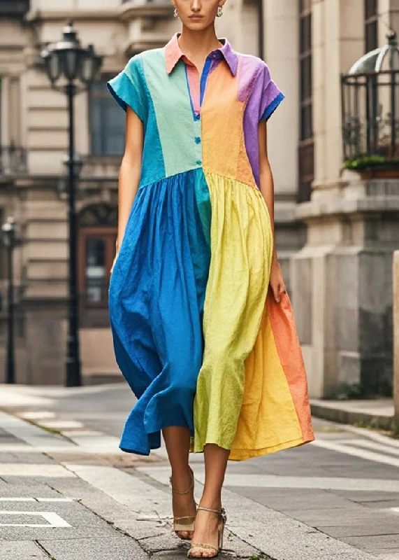 pleated maxi dressCasual Colorblock Peter Pan Collar Patchwork Cotton Long Dress Sleeveless