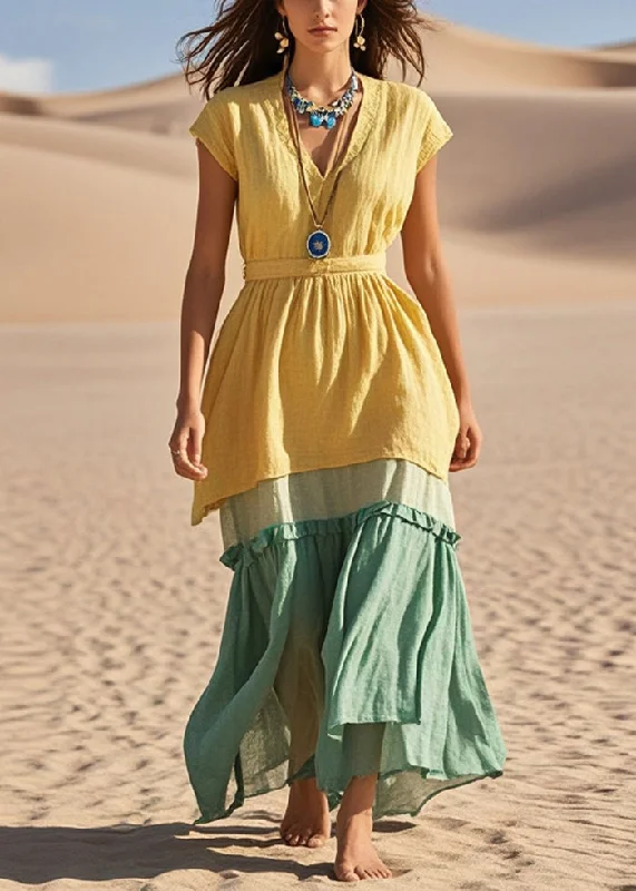 classic fit-and-flare dressBeautiful Yellow V Neck Patchwork Cotton Vacation Dresses Summer