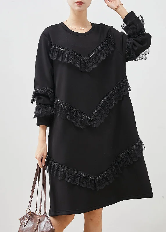 high-waisted dressWomen Black Ruffles Patchwork Cotton Sweatshirts Dress Spring