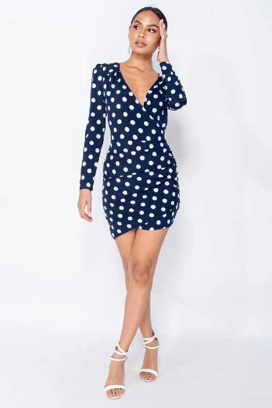 party-ready dressPolka Dot Ruched Bodycon Mini Dress In Navy