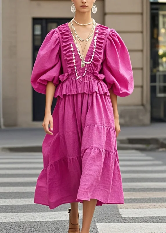 boho-chic dressModern Rose Wrinkled Chain Linked Cotton Long Dress Lantern Sleeve