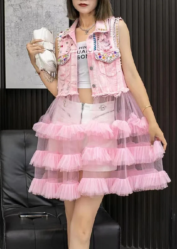 sleek dressChic Pink Denim Waistcoat Patchwork Tulle Mid Dresses Sleeveless