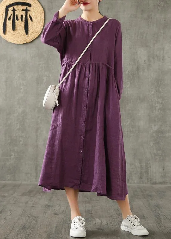 stylish party dressWomen purple linen Wardrobes Cinched pockets cotton spring Dress