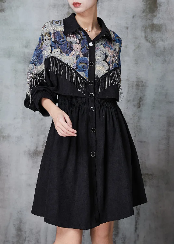 luxury dressWomen Black Tasseled Patchwork Cotton Dress Spring