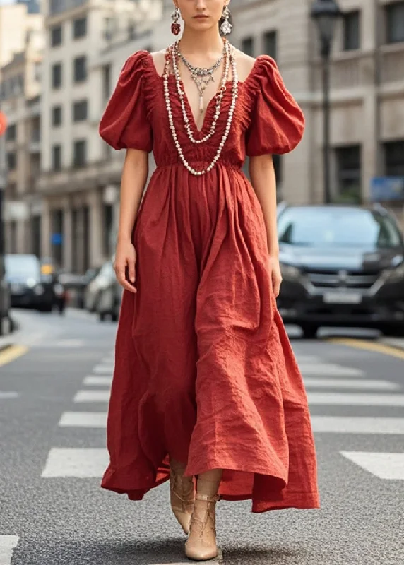 casual day dressUnique Dull Red Wrinkled Exra Large Hem Cotton Long Dress Summer