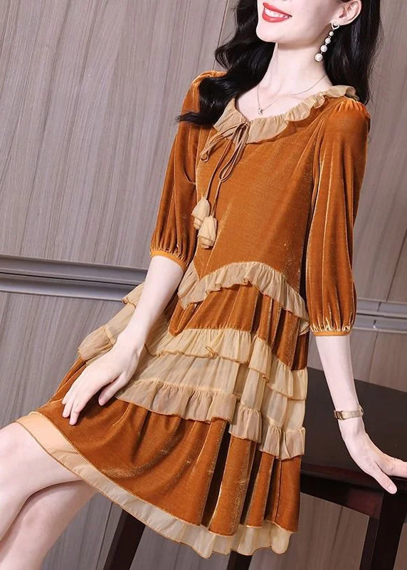 boho dressNew Orange Lace Up Ruffled Velour Mid Dresses Spring