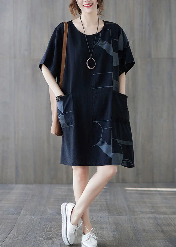 shift dressLoose Black O Neck Print Patchwork Cotton Mid Dress Summer