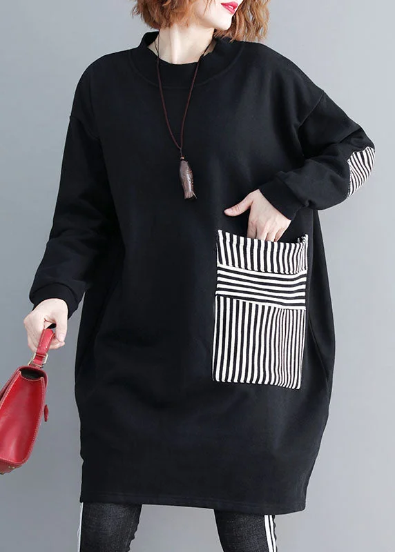 modern dressElegant Black O-Neck Striped Patchwork Mid Dress Long Sleeve