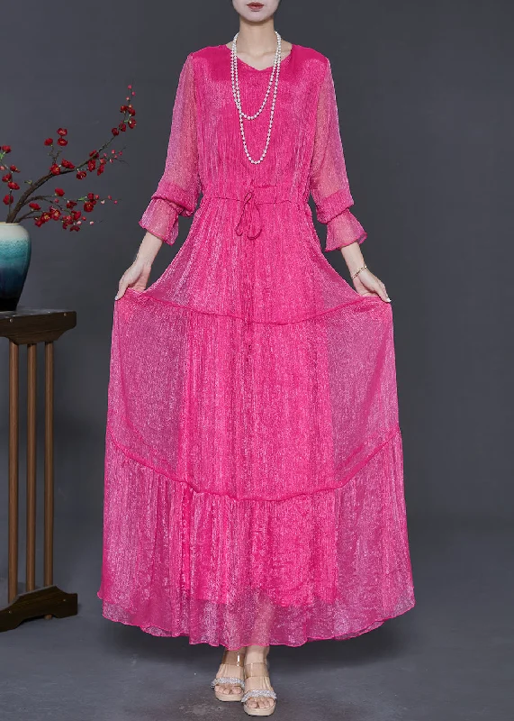 pleated maxi dressStylish Rose Cinched Chiffon Long Dress Spring