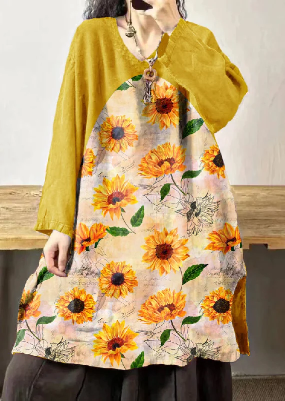 silk dressVintage Yellow sunflower V Neck Embroidered Patchwork Linen Mid Dresses Fall