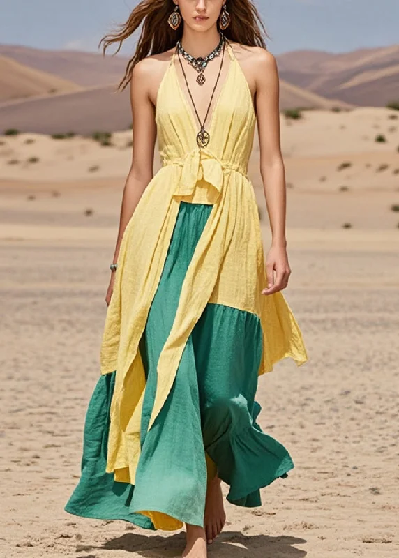 comfy maxi dressFine Yellow Asymmetrical Patchwork Cotton Halter Dresses Summer