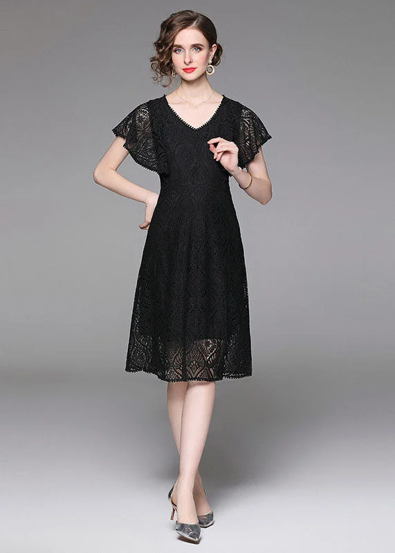 v-neck dressFashion Black V Neck Hollow Out Patchwork Lace Mid Dress Butterfly Sleeve