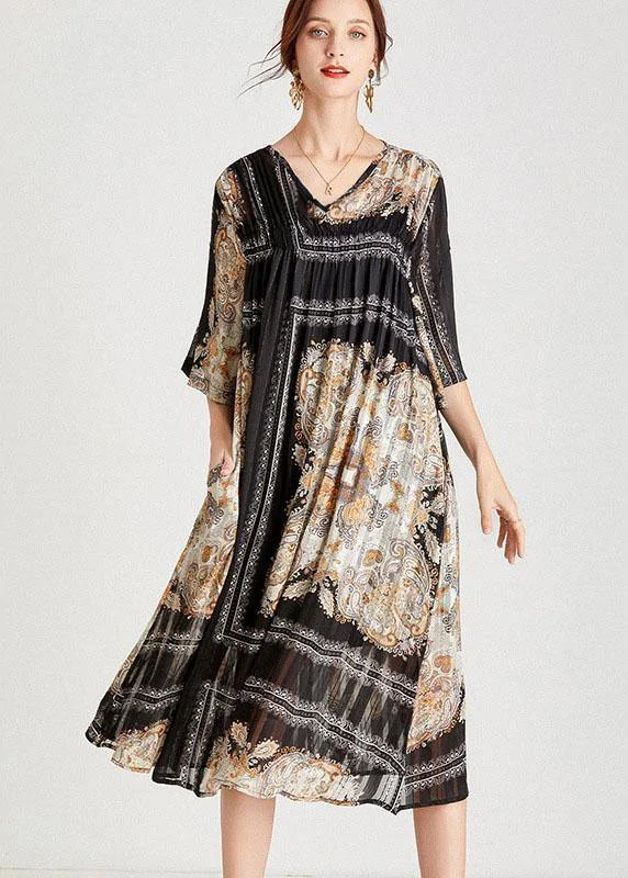 cocktail dressClassy Black Apricot V Neck Print Fall Chiffon Party Dresses Half Sleeve