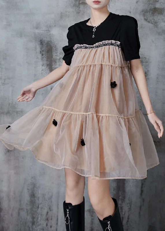 flowy evening dressChic Khaki Oversized Patchwork Floral Tulle Tea Dress Summer