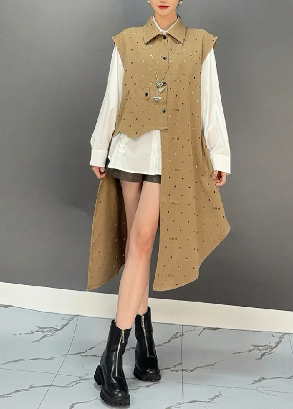 high-waisted dressUnique Khaki Asymmetrical Patchwork Graphic Dot Maxi Waistcoat Dresses Spring