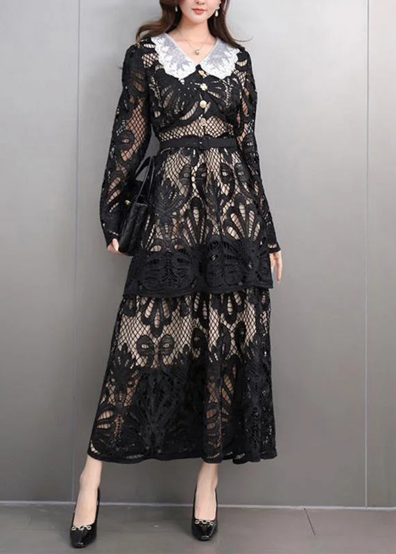 bohemian dressSexy Black Peter Pan Collar Lace Long Dress Spring