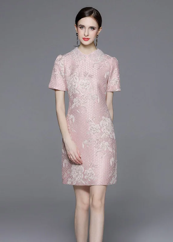 layered dressStyle Pink Peter Pan Collar Jacquard Patchwork Cotton Mid Dress Summer