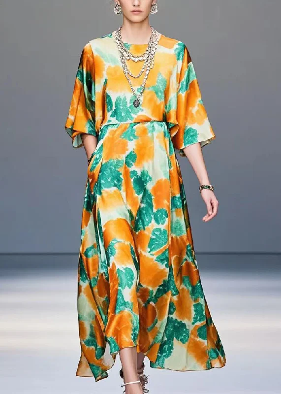 sleek dressOrange Print Draping Silk Holiday Dress Oversized Summer