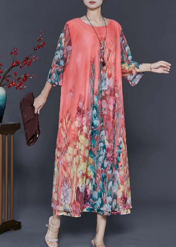 stylish party dressDIY Pink Oversized Print Chiffon Long Dress Bracelet Sleeve