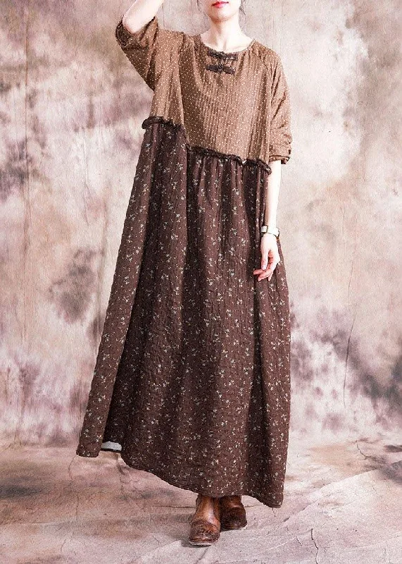 t-shirt dressFrench chocolate print linen cotton dresses o neck patchwork long fall Dresses