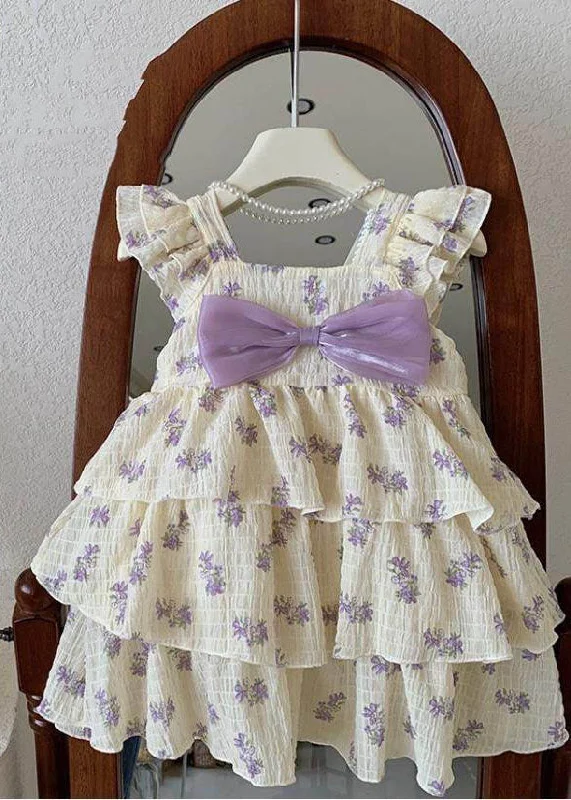 sophisticated dressDIY Purple Print Bow Wrinkled Patchwork Cotton Kids Girls Dress Summer