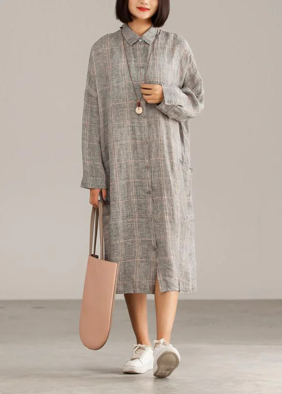 comfy maxi dressHandmade linen dresses 18th Century Dark Gray Linen Plaid Casual Autumn Shirtdress