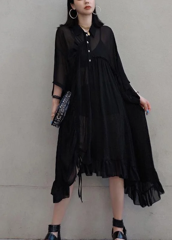 long-sleeve floral dressChic Lapel Asymmetric Spring Quilting Dresses Design Black Long Dresses