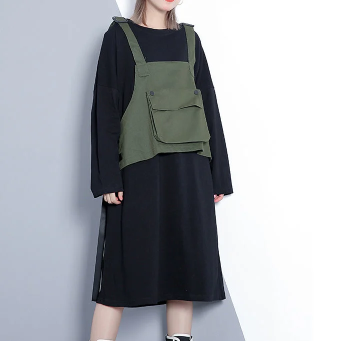 party-ready dressElegant army green fall Loose fitting casual dress false two pieces 2018 O neck dress