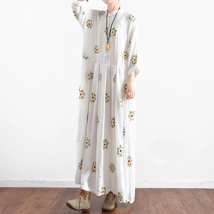 printed dressVintage White Embroidered Chiffon Dresses Long Plus Size Caftans Oversized Gown