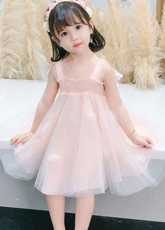 silk dressLovely Pink Wrinkled Patchwork Tulle Kids Girls Dresses Summer