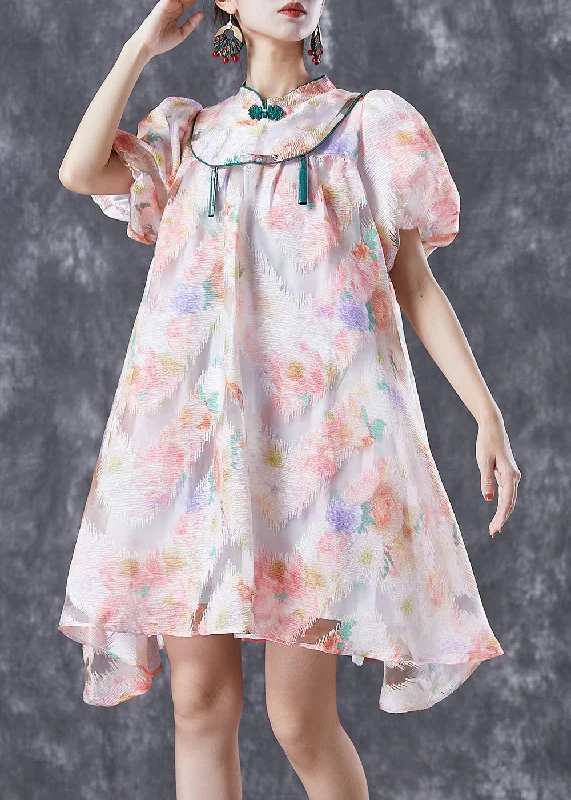 mini dressChinese Style Pink Mandarin Collar Print Silk A Line Dress Puff Sleeve