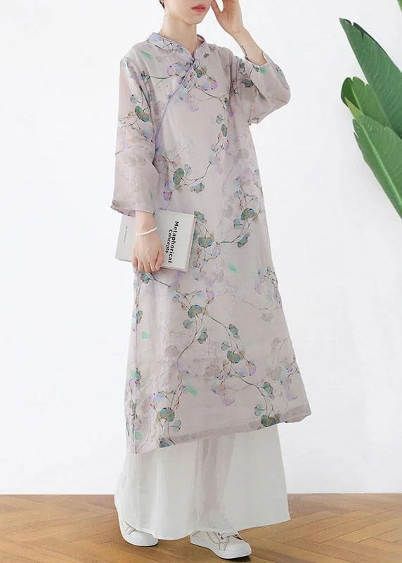 denim dressComfy Light Purple Print Oriental Ramie Maxi Dresses Fall