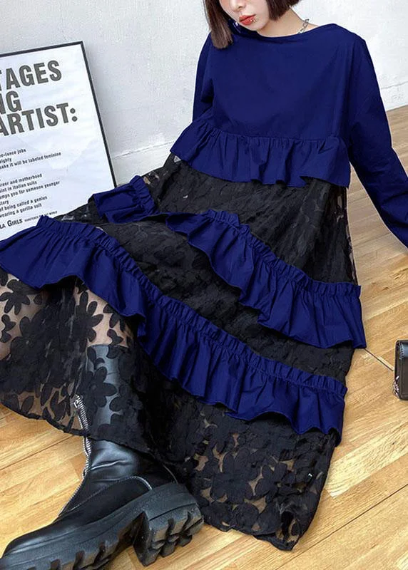 wrap-around dressBohemian dark blue Ruffles  Fall Lace Dresses