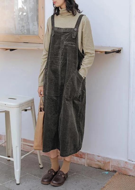 wool dressFrench Dark gray cotton quilting clothes Spaghetti Strap pockets Maxi Dresses