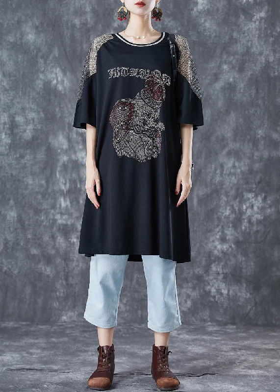 bohemian dressBlack Patchwork Cotton Mid Dress Oversized Zircon Elephant Summer