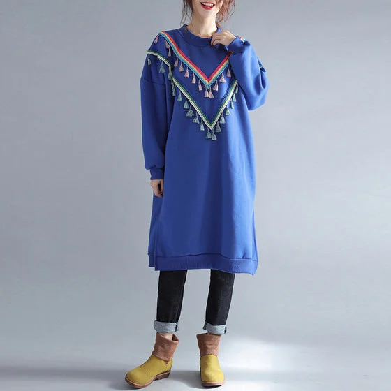 oversized dresswinter warm blue cotton fashion dresses plus size tassel decorated traveling dress