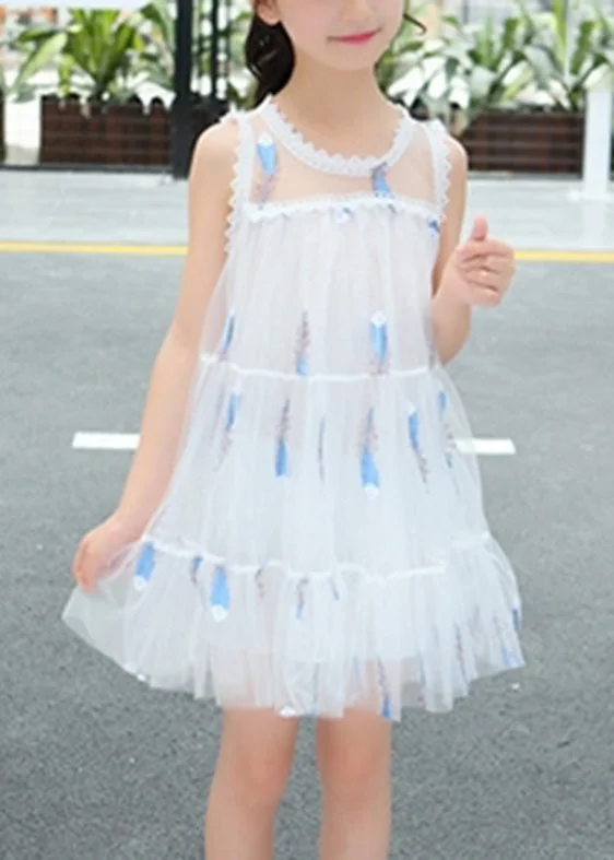 chic slip dressCute White O-Neck Sequins Patchwork Tulle Girls Mid Dress Summer