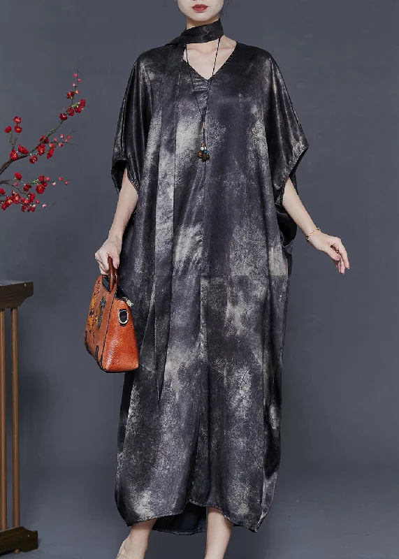 lace dressFine Black Oversized Tie Dye Silk Dresses Batwing Sleeve