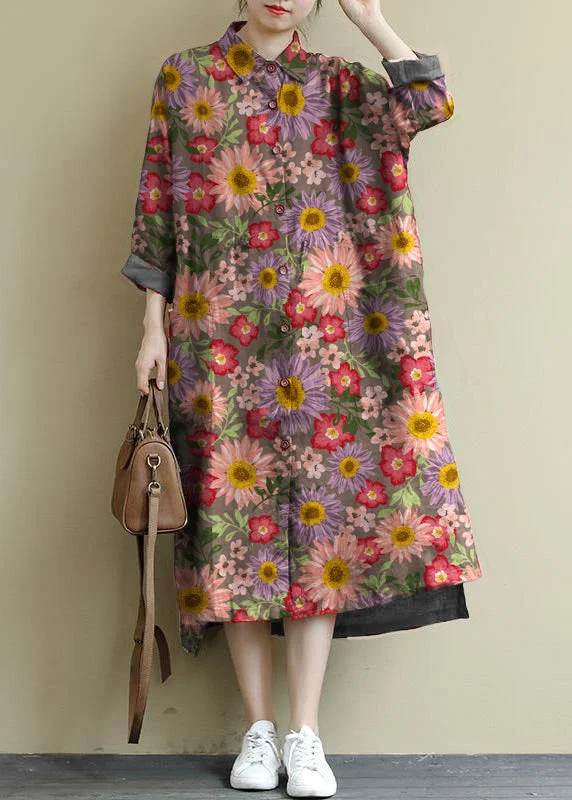 layered dressgray flower Linen Shirt Dress Casual Oversize Spring Maxi Dresses