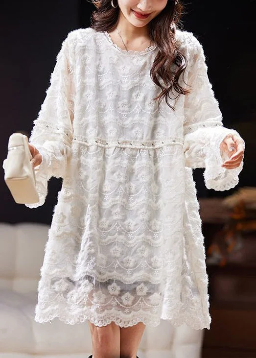 vintage-inspired dressLoose White Solid Embroideried Nail Bead Lace Mid Dress Spring