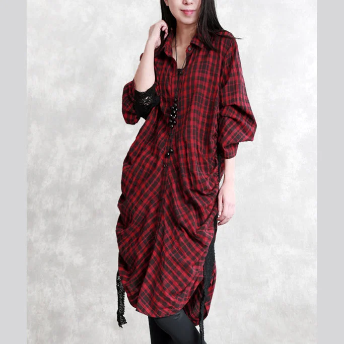 off-the-shoulder dressElegant burgundy Plaid natural linen shirt dress plus size traveling dress long sleeve Cinched Elegant Turn-down Collar patchwork linen shirt dresses