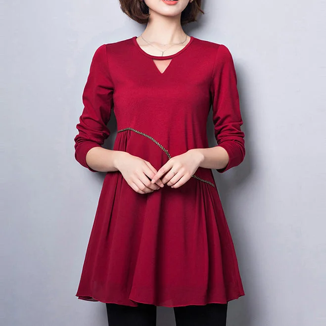 chic wrap dress2024 new red cotton blended dresses loose  fit v neck patchwork chiffon dress